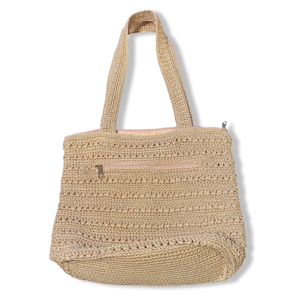 The Sak Woven Straw Tote in Natural Beige with Pink Trim